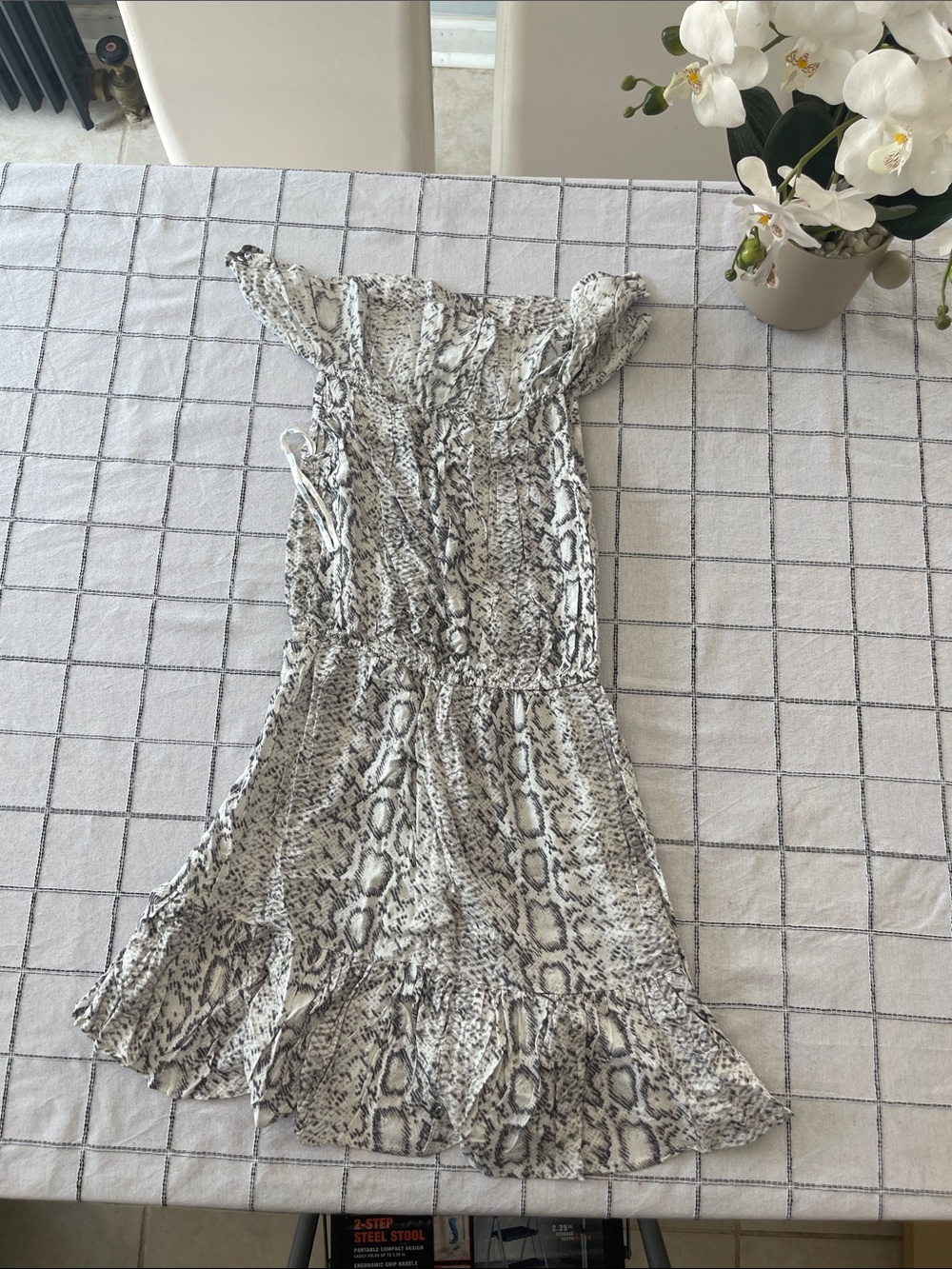 Marshalls White and Gray Snake-Print Midi Dress with Ruffle Hem